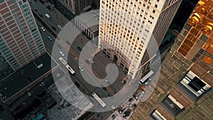 CHICAGO, USA - APRIL, 2023: Aerial drone footage of Chicago Downtown with skyscraper on cinematic background. Financial