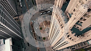 CHICAGO, USA - APRIL, 2023: Aerial drone footage of Chicago Downtown with skyscraper on cinematic background. Financial