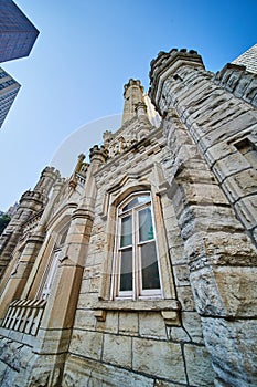 Chicago water tower, historic castle building with original architecture, upward view, tourism