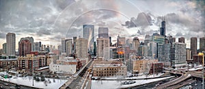 Chicago winter cityscape. West Loop neighborhood. Main streets in Illinois, streets in Chicago