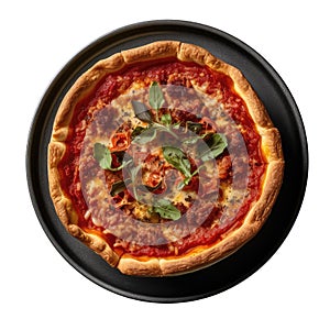 Chicagostyle Deepdish Pizza On White Smooth Round Plate On Isolated Transparent Background U.S. Dish. Generative AI