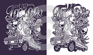 Chicano girl lowrider flyer monochrome