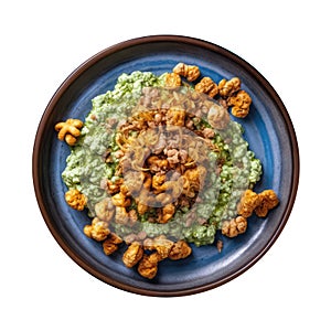 Chicharrn En Salsa Verde On A Blue Abstraction Round Plate On Isolated Transparent Background Mexican Food. Generative AI