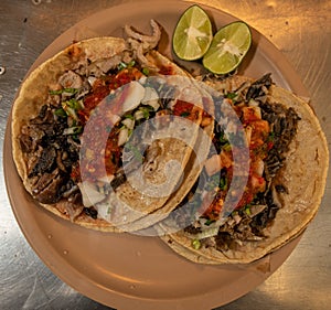 Chicharrones de res tacos beef pan fried in oil typical food of Amealco, Queretaro, Mexico