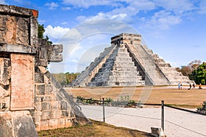 Chichen Itza, Mexico. Chichen Itza snake and Kukulkan Mayan temple pyramid.