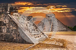 Chichen Itza - Twilight with Jaguar and temple of Kukulkan, Mexico landmark photo