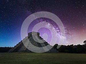 Chichen Itza Under a Night Sky with the Milky Way Galaxy