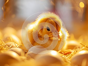 Chick amidst eggs basking in warm golden light, a picture of farm life