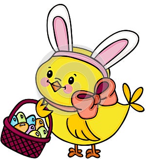 Chick with bunny ears holding basket with easter eggs