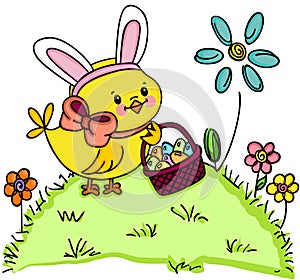 Chick with bunny ears holding basket with easter eggs in garden