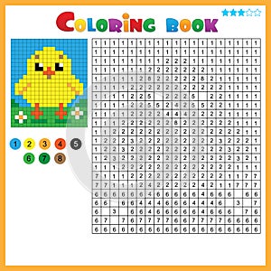 Chick or chicken. Color by numbers. Coloring book for kids. Colorful Puzzle Game for Children with answer