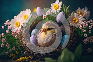 Chick in an easter nest with easter eggs and spring flowers, generative ai