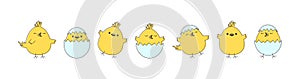 Chick Easter vector, cartoon chicken baby and egg, cute little bird, yellow funny animal set. Simple drawing illustration