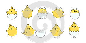 Chick and egg, Easter chicken vector icon, cartoon baby bird with shell, yellow little animal character set. Cute illustration