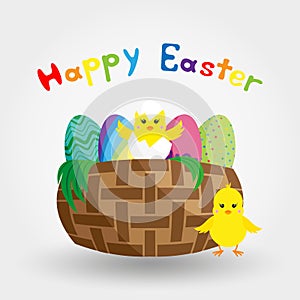 Chick in Eggshell in a basket with Easter eggs. Icon. Vector. Flat.