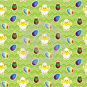 Chick in Eggshell. Easter eggs. Seamless illustration.