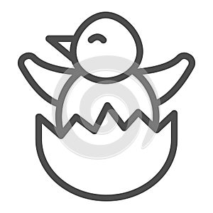 Chick in eggshell line icon, Happy Easter concept, Chick peeking out of egg shell sign on white background, Easter