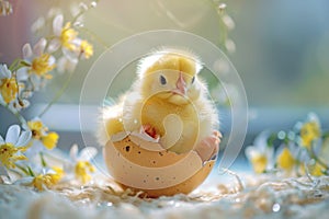 Chick in eggshell, nature backdrop