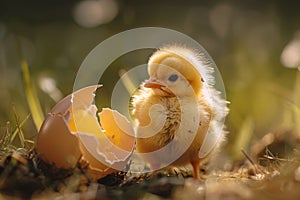 Chick in eggshell, nature backdrop