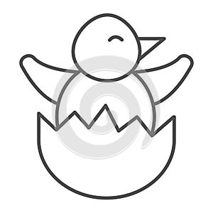Chick in eggshell thin line icon, Happy Easter concept, Chick peeking out of egg shell sign on white background, Easter