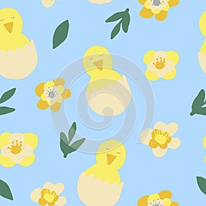 Chick hatched from eggs and flowers seamless pattern. wallpaper, textiles, wrapping paper. hand drawn doodle. trendy colors 2021