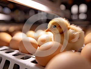 Chick on a hatchery tray, contrasted with rows of unhatched eggs