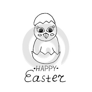 Chick hatching from an egg and lettering happy template card, poster. sketch hand drawn doodle style. vector minimalism. easter,