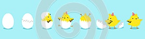 Chick hatching process, yellow chicken in eggs. Cute cartoon bird hatch egg and growth chickens. Scratch eggshell