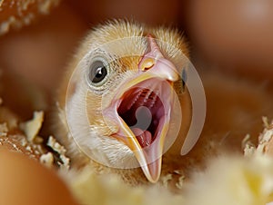 Chick mid-chirp, vividly capturing its first sounds within a cozy hatchery