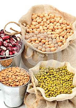 Chick-pea, mung beans, kidney-beans in the sacks isolated on whi