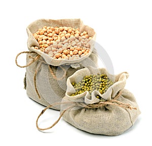 Chick-pea, mung beans in sacks isolated