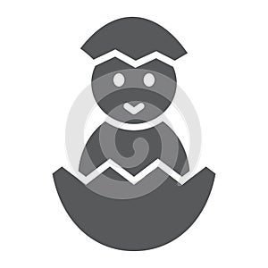 Chick peeking out off egg glyph icon, easter and holiday, chick in egg sign, vector graphics, a solid pattern on a white