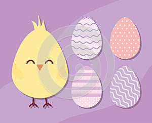 chick and set of easter eggs