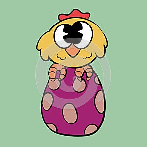 The chick is sitting on the egg. Vintage toons: funny character, vector illustration trendy classic retro cartoon style