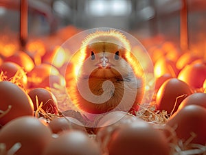 Chick surrounded by a warm glow amidst a sea of eggs, a captivating farm scene