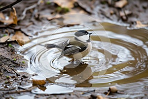 chickadee fluttering in a small rainwater puddle