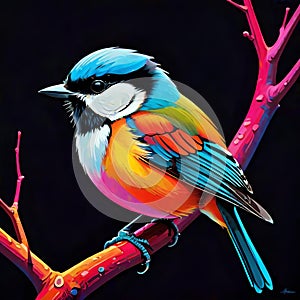 Chickadee song bird tree branch perch psychedelic color