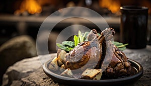 Chicken Adobo On Stone, Blurred Background, Rustic Pub. Generative AI