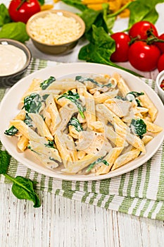 Chicken Alfredo Parmesan Penne Pasta with Spinach