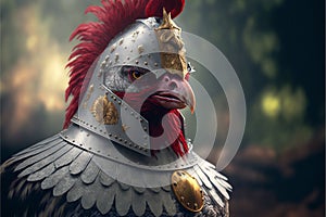 Chicken animal portrait dressed as a warrior fighter or combatant soldier concept. Ai generated photo