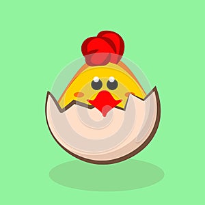 Chicken baby peeking out of the cracked egg. Cute chick. Vector illustration isolated on a green background
