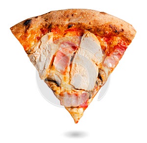 Chicken, Bacon, Mushroom Pizza Slice on a Wooden Board over White Background, Stone Baked Pizza