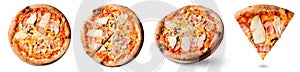 Chicken, Bacon, Mushroom Pizza on a Wooden Board over White Background, Stone Baked Pizza