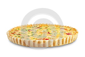 Chicken bacon quiche with scallions on a white isolated background