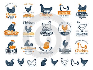 Chicken badges. Fresh farm food logotype cooking egg and bird broilers vector labels