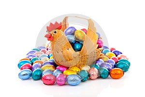 Chicken basket with colorful easter eggs