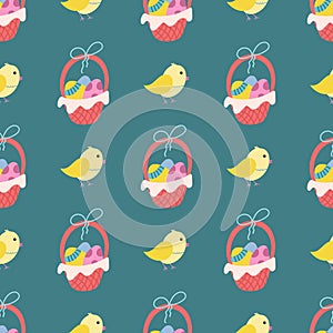 A chicken and a basket of Easter eggs on a green background. Vector seamless pattern in flat style