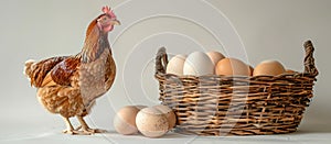 Chicken Beside Basket of Eggs