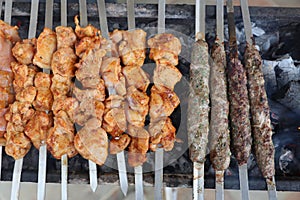 Chicken and Beef on Barbecue Grill