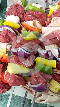 Chicken, beef and Fresh vegetables on skewers